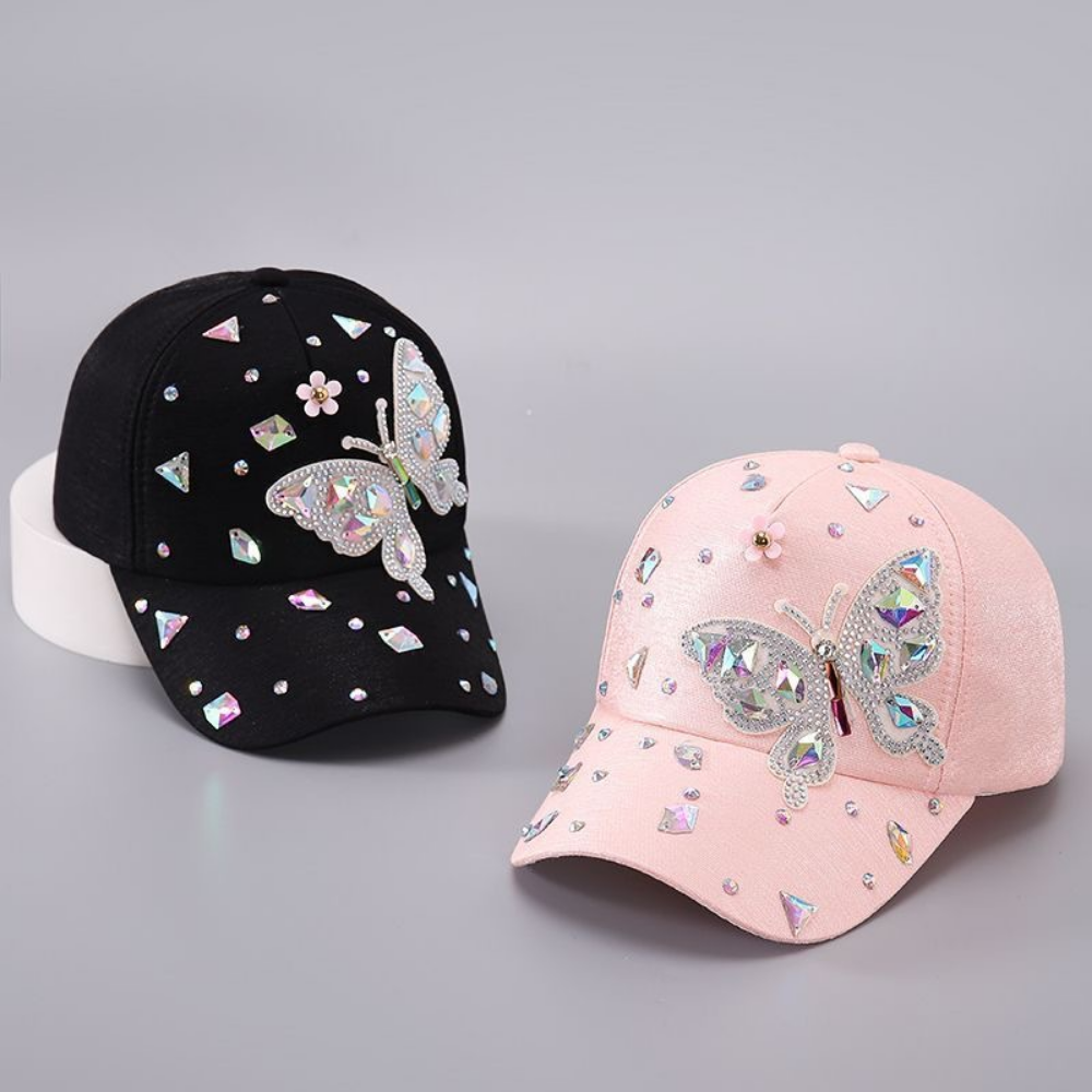 Summer Women's Colorful Butterfly Rhinestone Baseball Cap - Sweet, Cool And Bold Girlie Style Fedora Hat - Suitable For Party Outings And Daily Wear by Ricaloux
