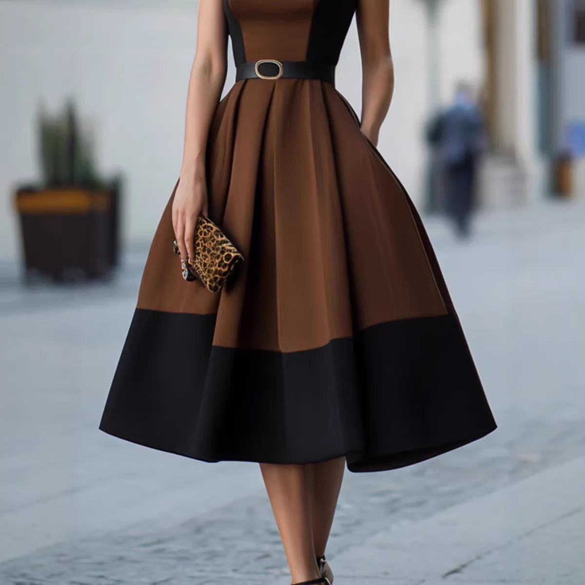 Retro-style Patchwork Wide-strap Waist-cinching Figure-flattering Refined Workwear Dress – Premium 0 | RICALOUX