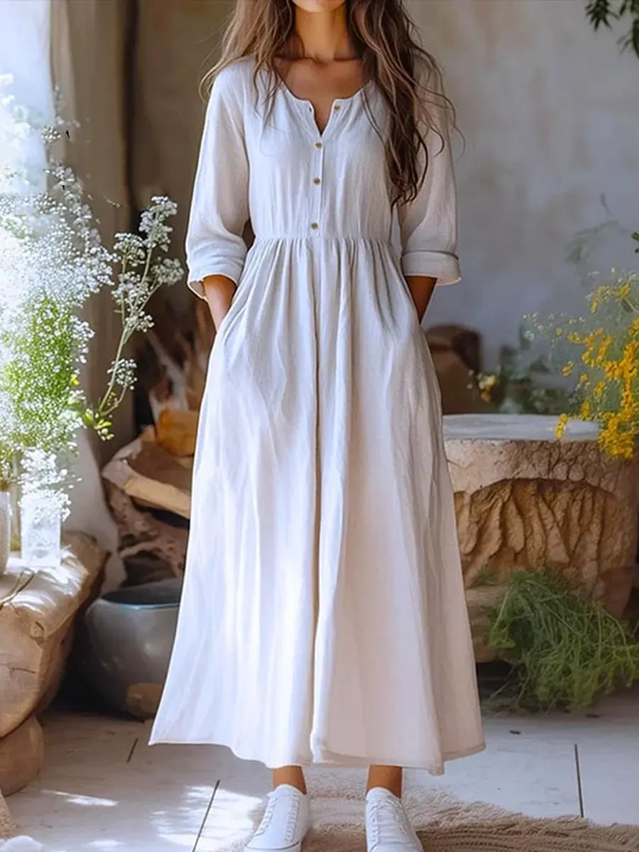 Womens Solid-color Long-sleeve Retro Cotton-linen Dress by Ricaloux
