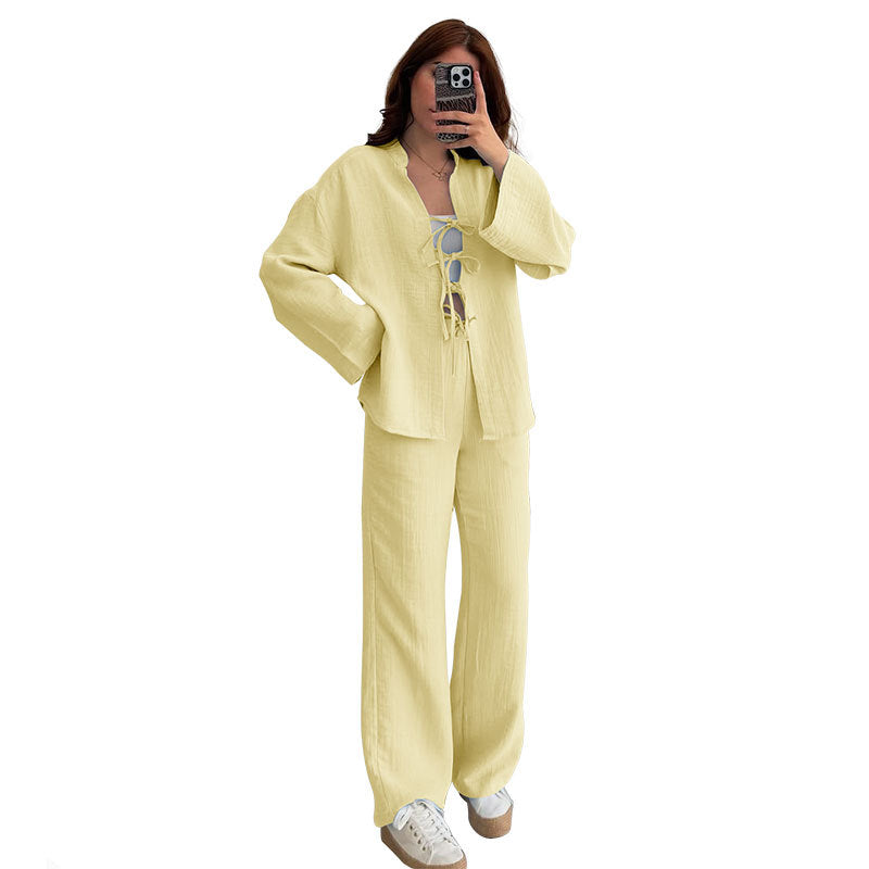 European And American-style Solid-color Lace-up Cardigan With Long Sleeves by Ricaloux
