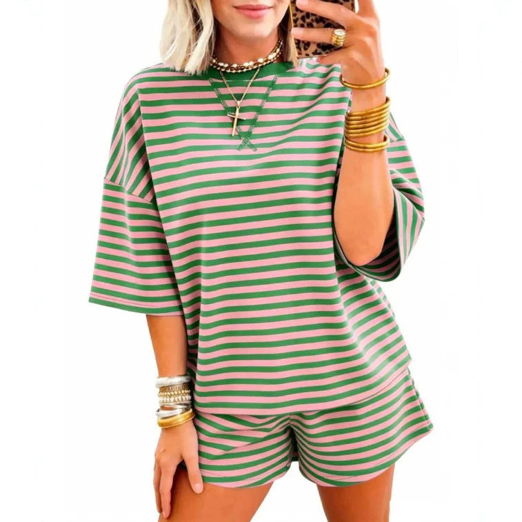 Womens Short-Sleeve Striped Print Two-Piece Set by Ricaloux