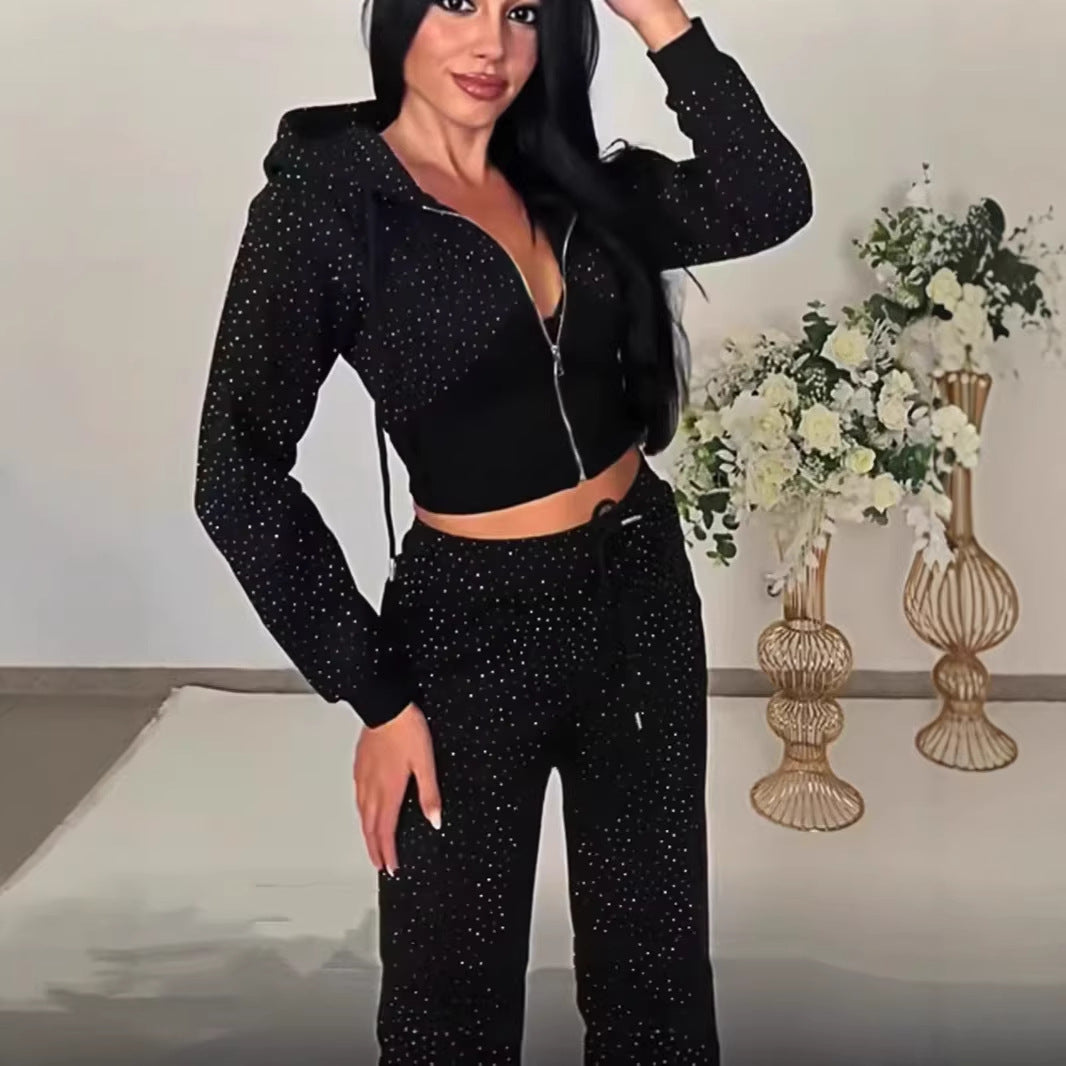 Womens Y2K Rhinestone-studded Hooded Sweatshirt And High-waisted Slim-fit Sweatpants – Premium 0 | RICALOUX