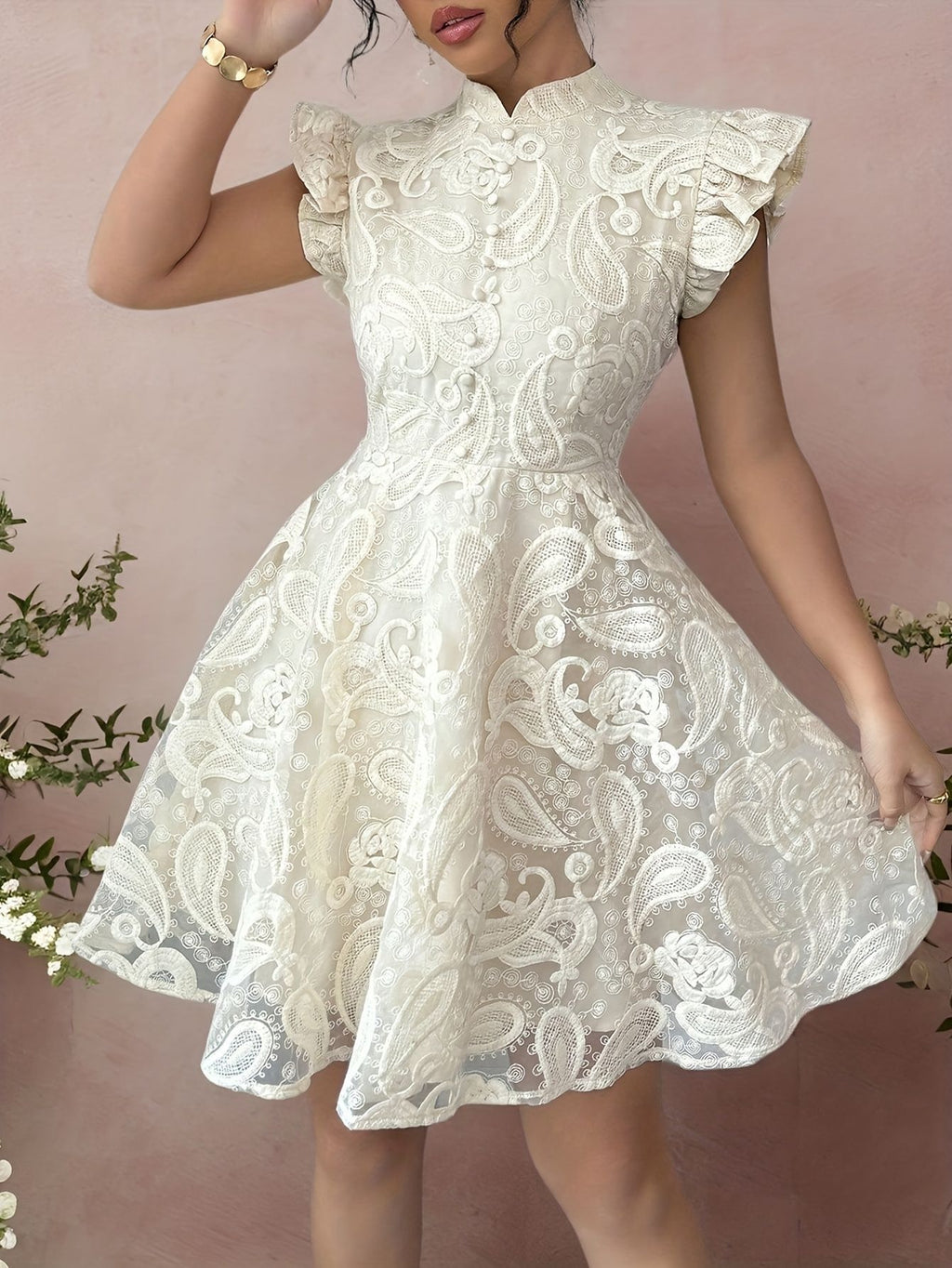 Lace Stand-collar Mini-sleeve Dress For Women by Ricaloux
