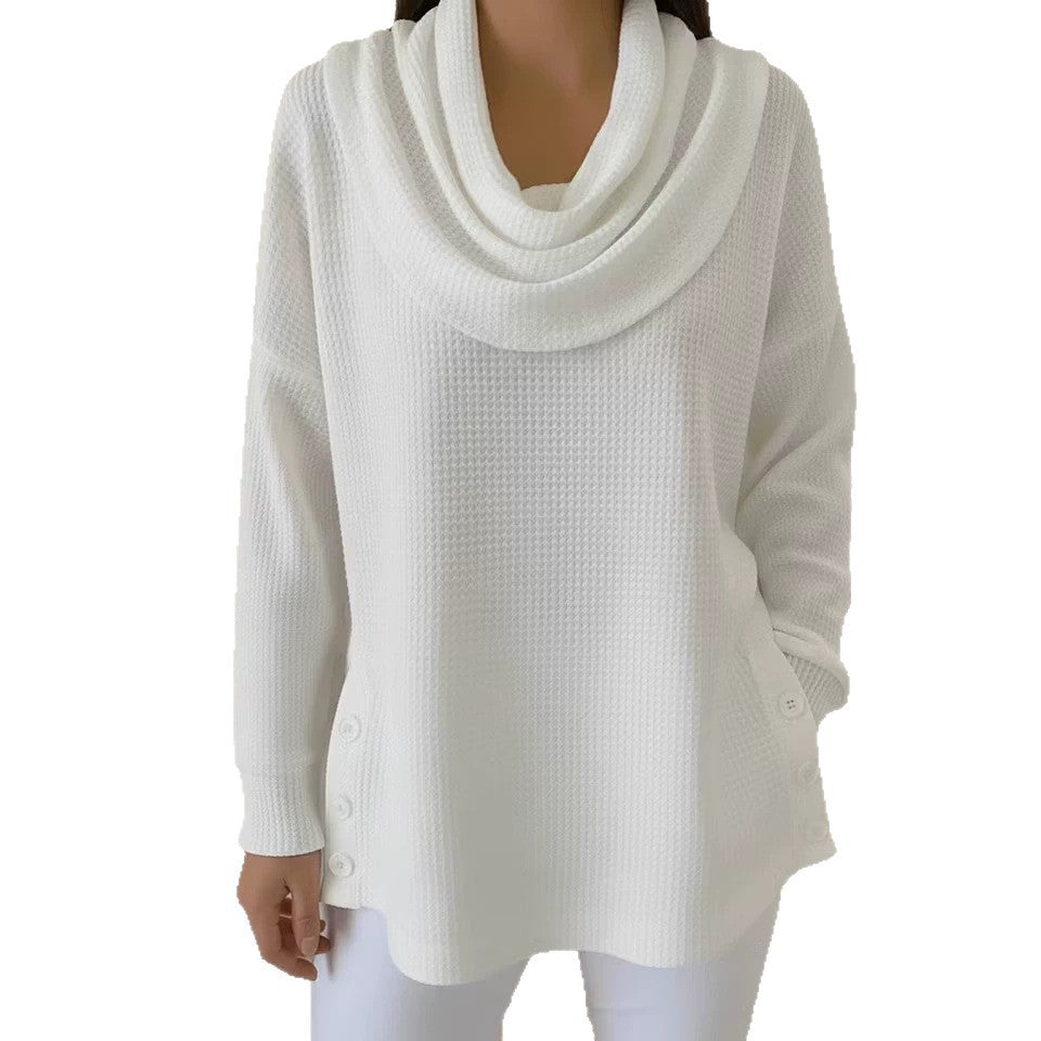 Solid-color Turtleneck Pullover Long-sleeve Womens Top With Buttons by Ricaloux