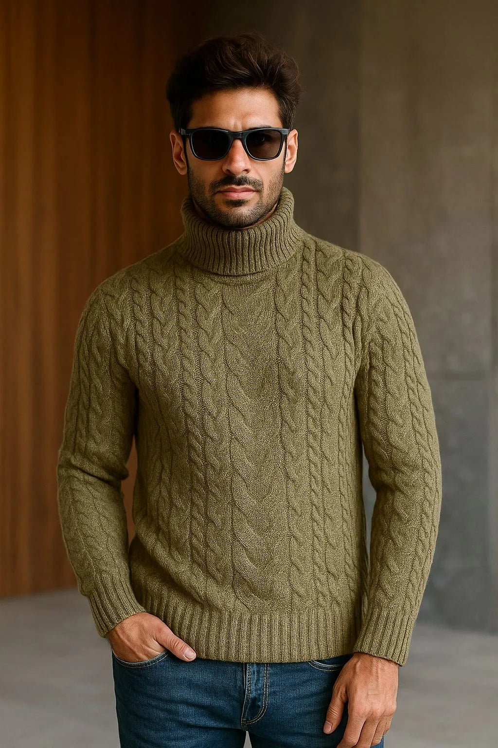 Mens Turtleneck Cable-Knit Sweater In Plus Sizes by Ricaloux