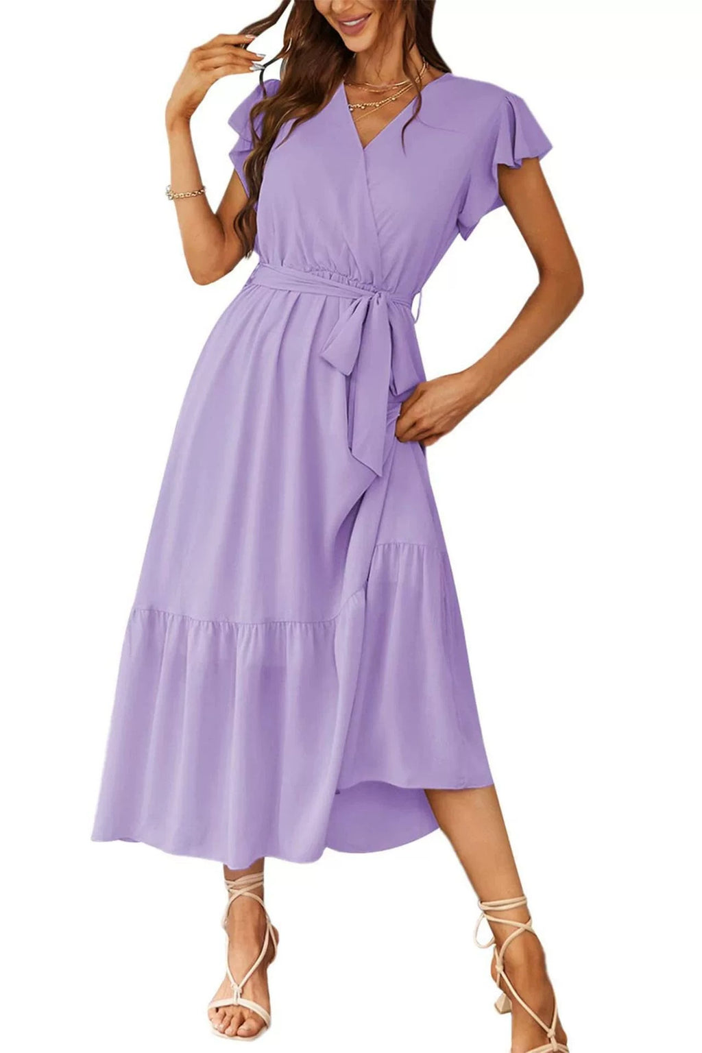 Womens Floral Print Flounce Short-Sleeve Midi Dress – Premium 0 | RICALOUX