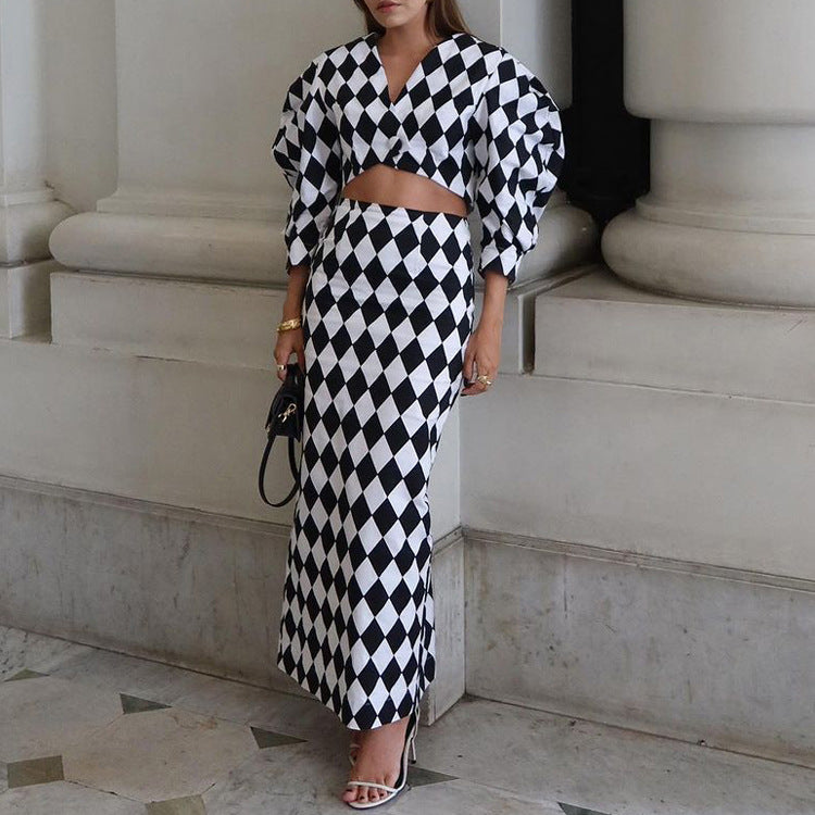 Diamond Check Puff Sleeve V-Neck Crop Top & High Waist Mermaid Maxi Skirt 2-Piece Co-Ord Set by Ricaloux