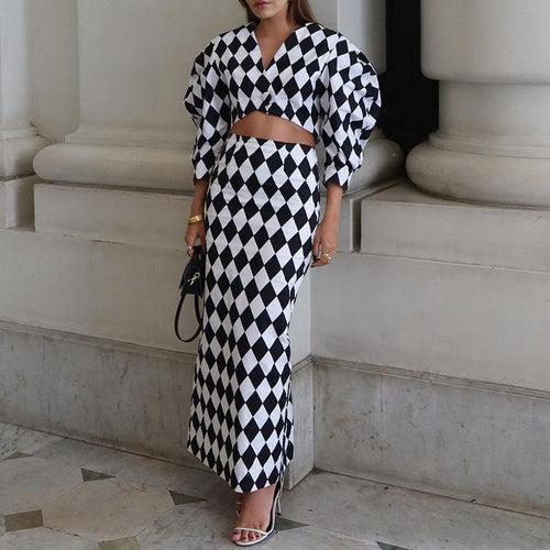 Diamond Check Puff Sleeve V-Neck Crop Top & High Waist Mermaid Maxi Skirt 2-Piece Co-Ord Set by Ricaloux