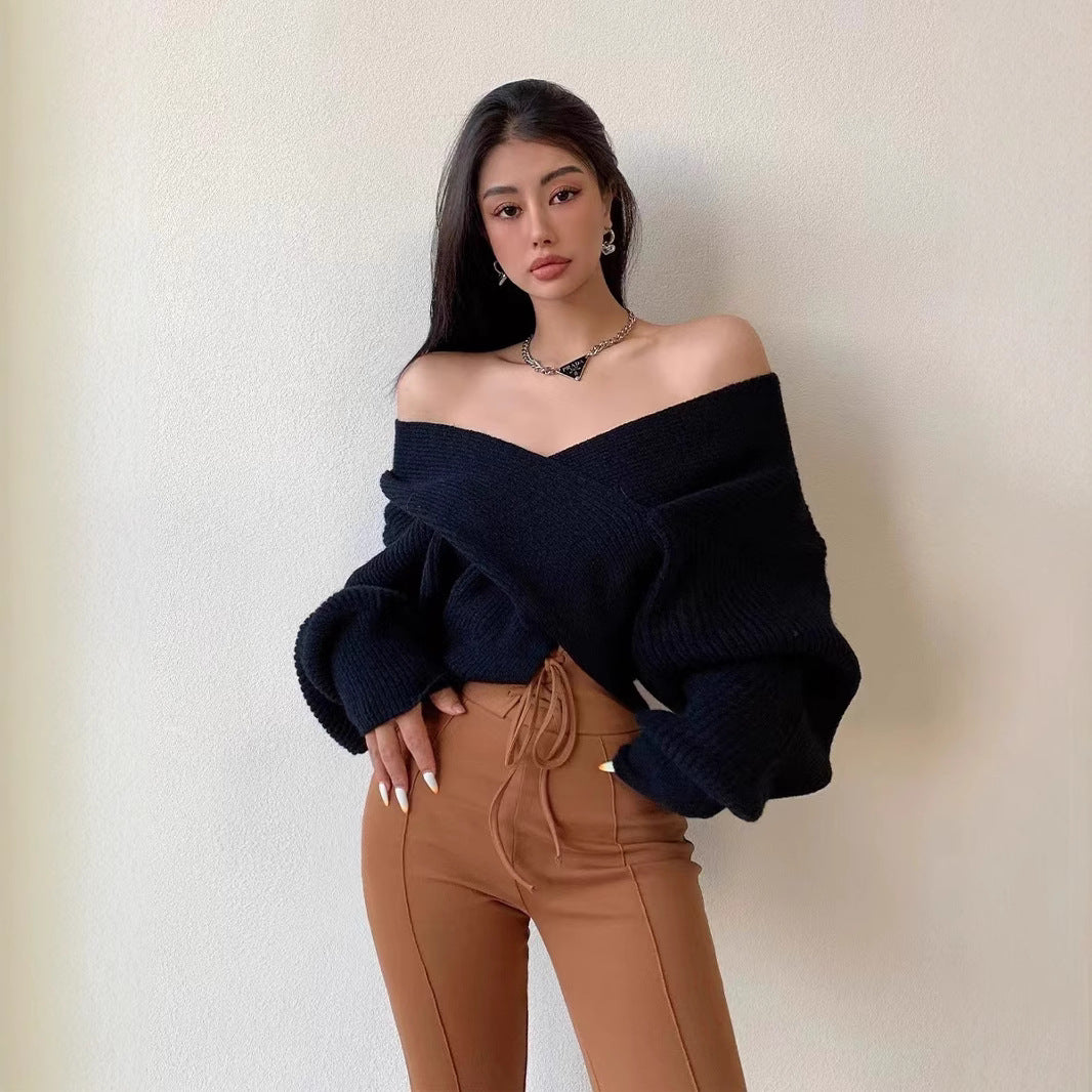 V-neck Solid-color Off-shoulder Knit Pullover For Women – Premium 0 | RICALOUX