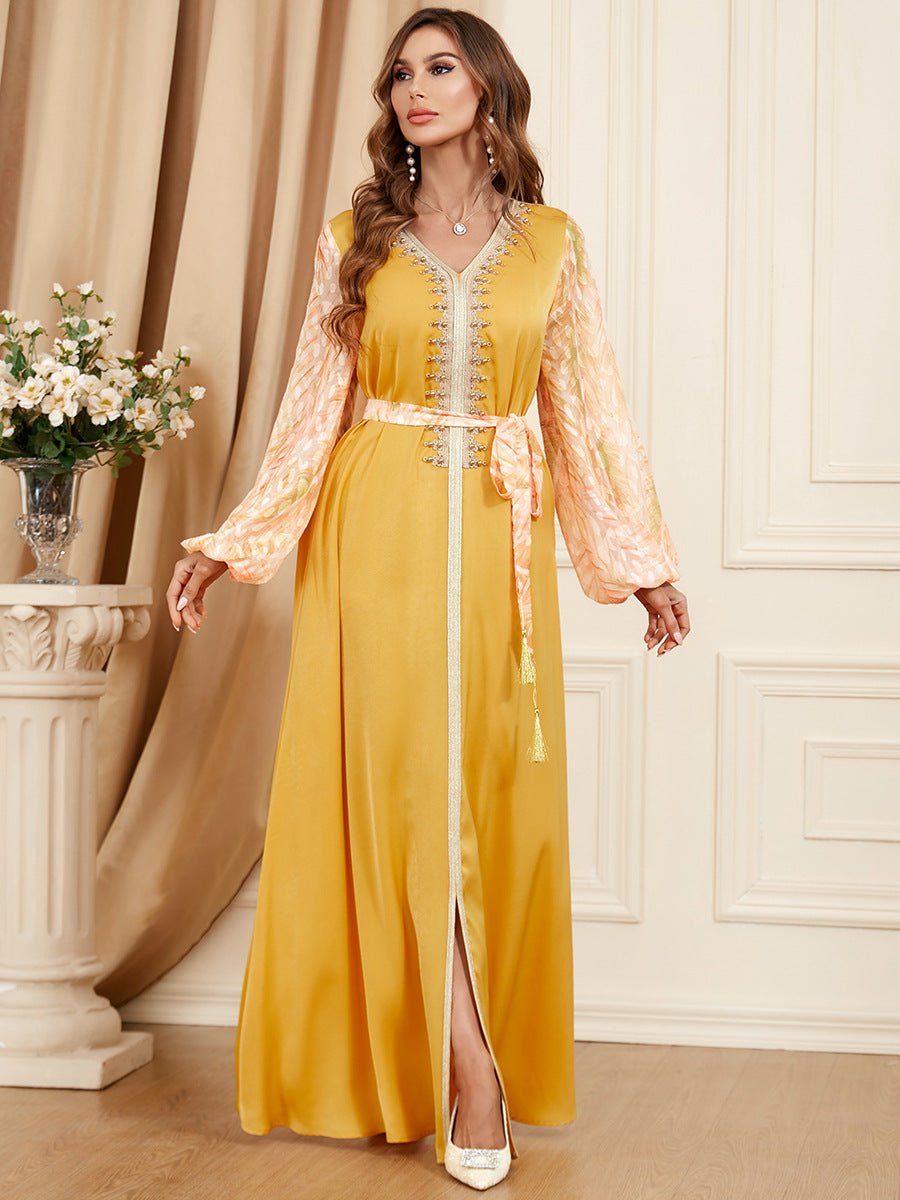 Patchwork Puff Sleeve Long Sleeve Arabic Dress - RICALOUX