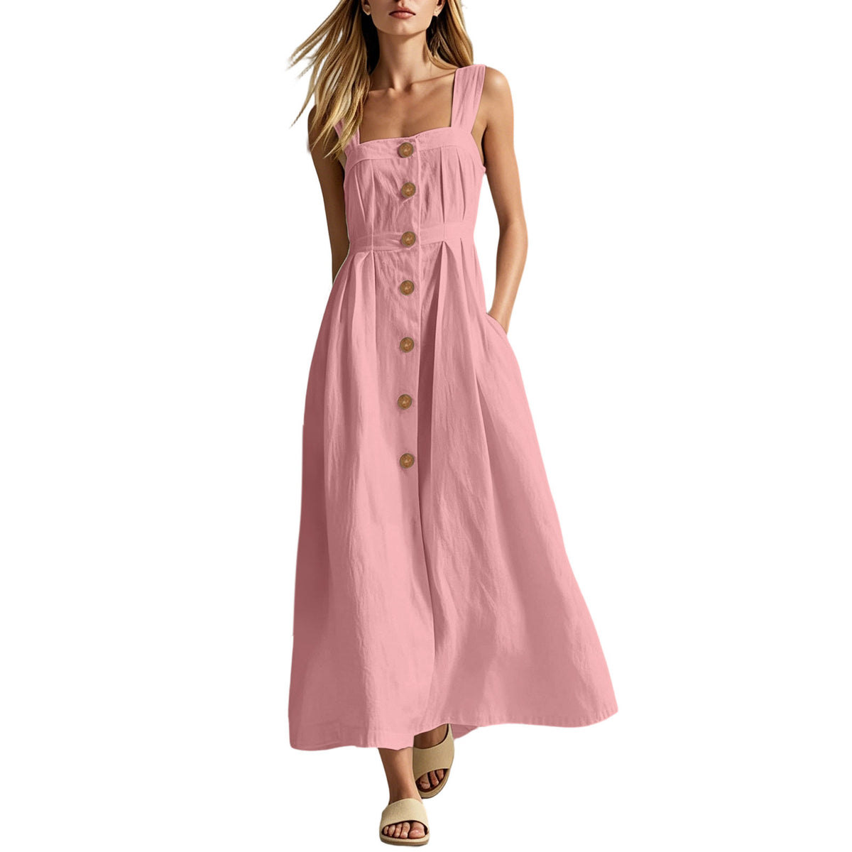Solid-color Decorative-Button Womens Casual Dress by Ricaloux