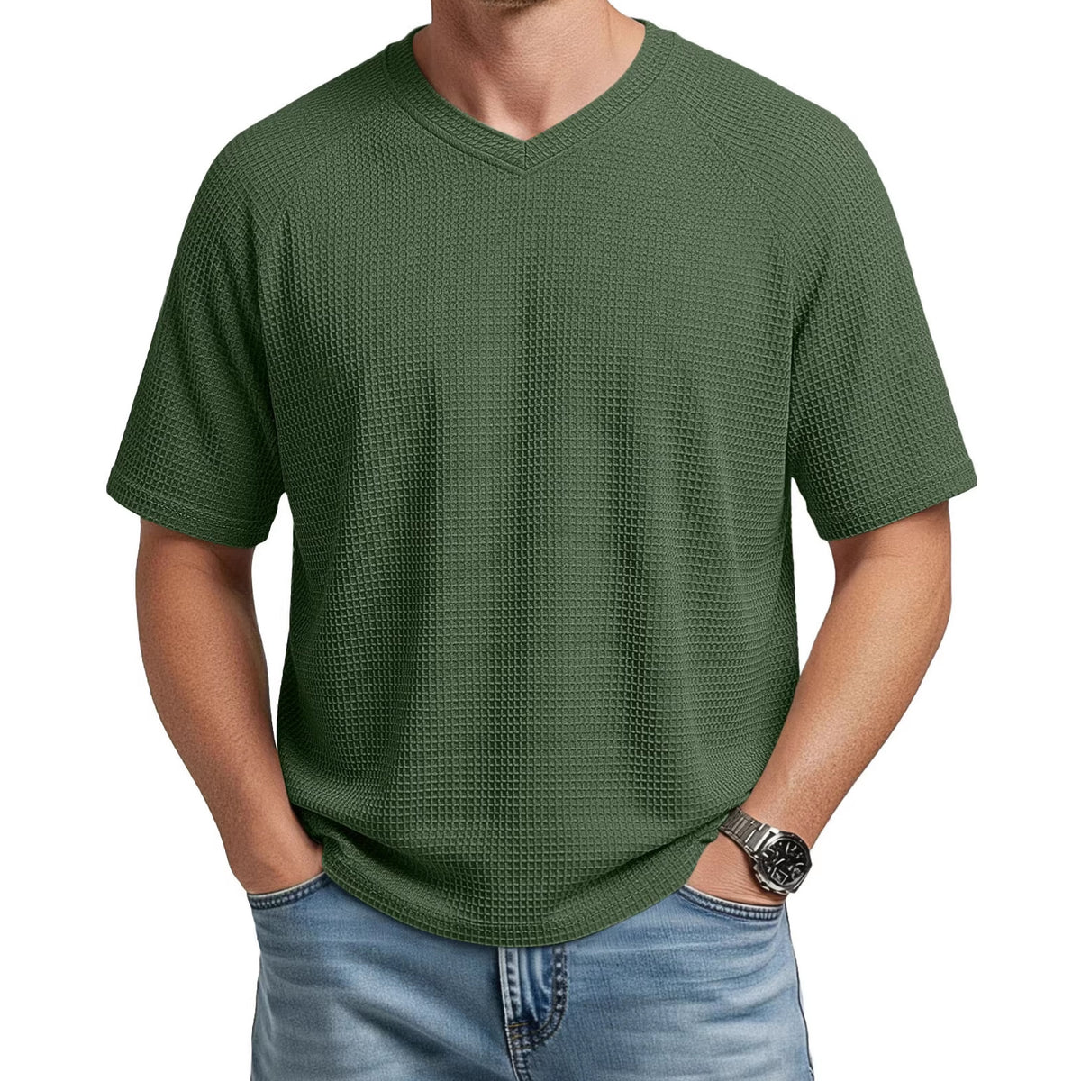 Mens V-neck Raglan Waffle-Knit Short-Sleeve Knit T-Shirt – Premium 0 | RICALOUX