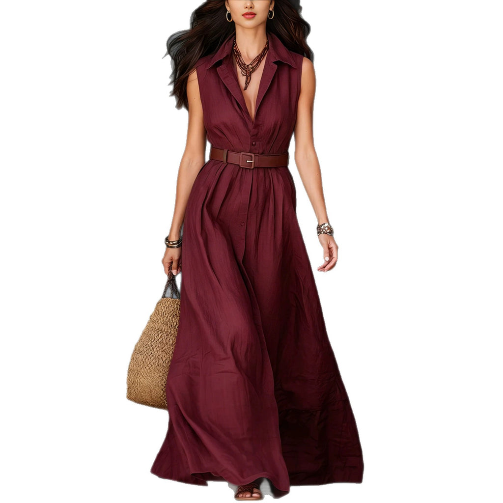 Sleeveless Lapel-neck Waist-cinching Shirt Dress – Premium 0 | RICALOUX