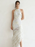 Sleeveless Off-shoulder Dress With Three-dimensional Embroidery And Ruffled Hem by Ricaloux