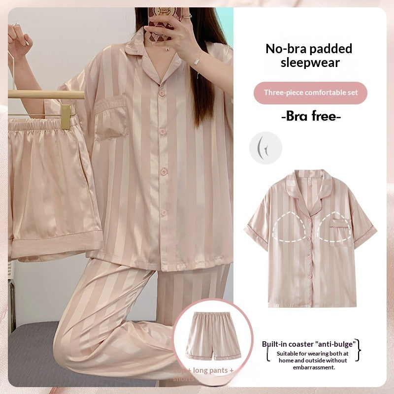 Womens Summer High-End Ice Silk Short-Sleeve Pajama Set 3 Pieces by Ricaloux