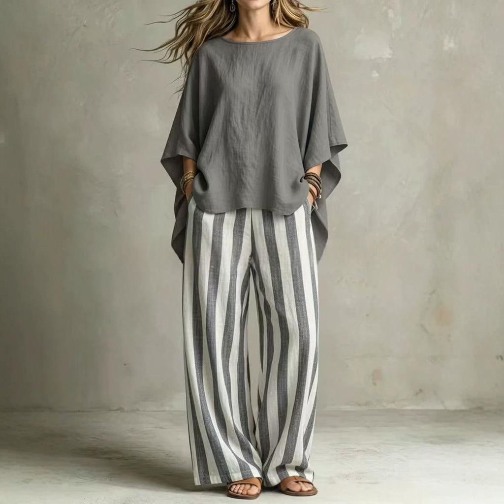 Womens Striped Pants And Cotton-Linen Top Set With Batwing Sleeves – Premium 0 | RICALOUX