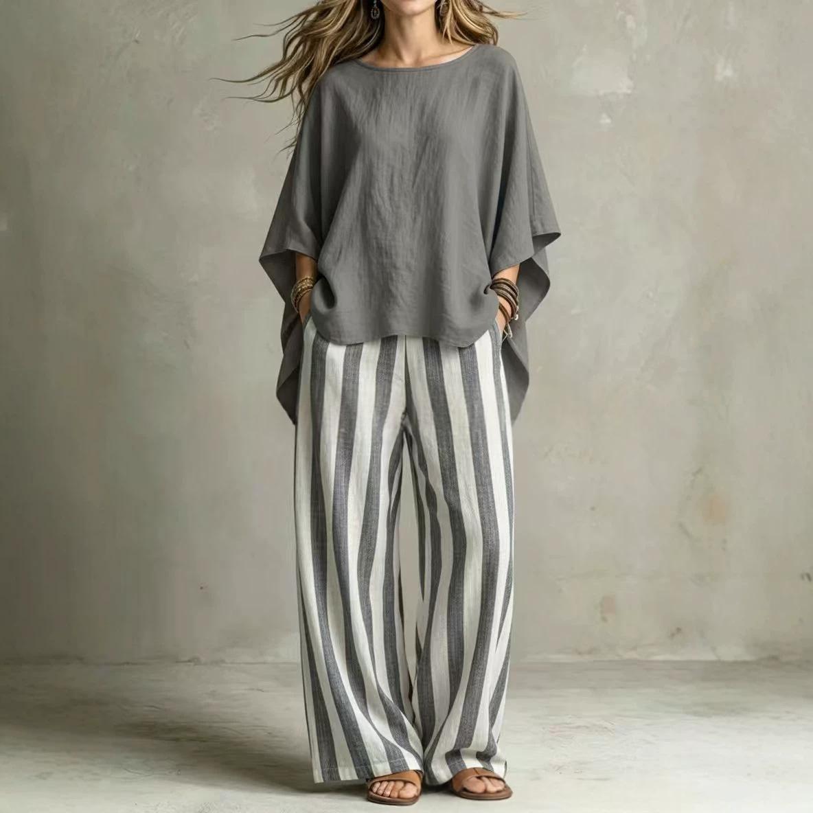 Womens Striped Pants And Cotton-Linen Top Set With Batwing Sleeves – Premium 0 | RICALOUX