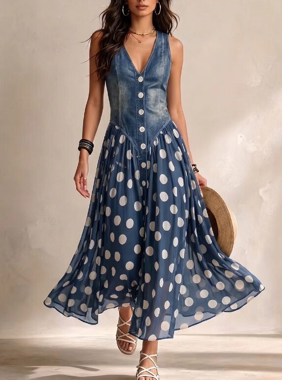 Casual Printed Denim-look Top With A Polka-dot Dress – Premium 0 | RICALOUX