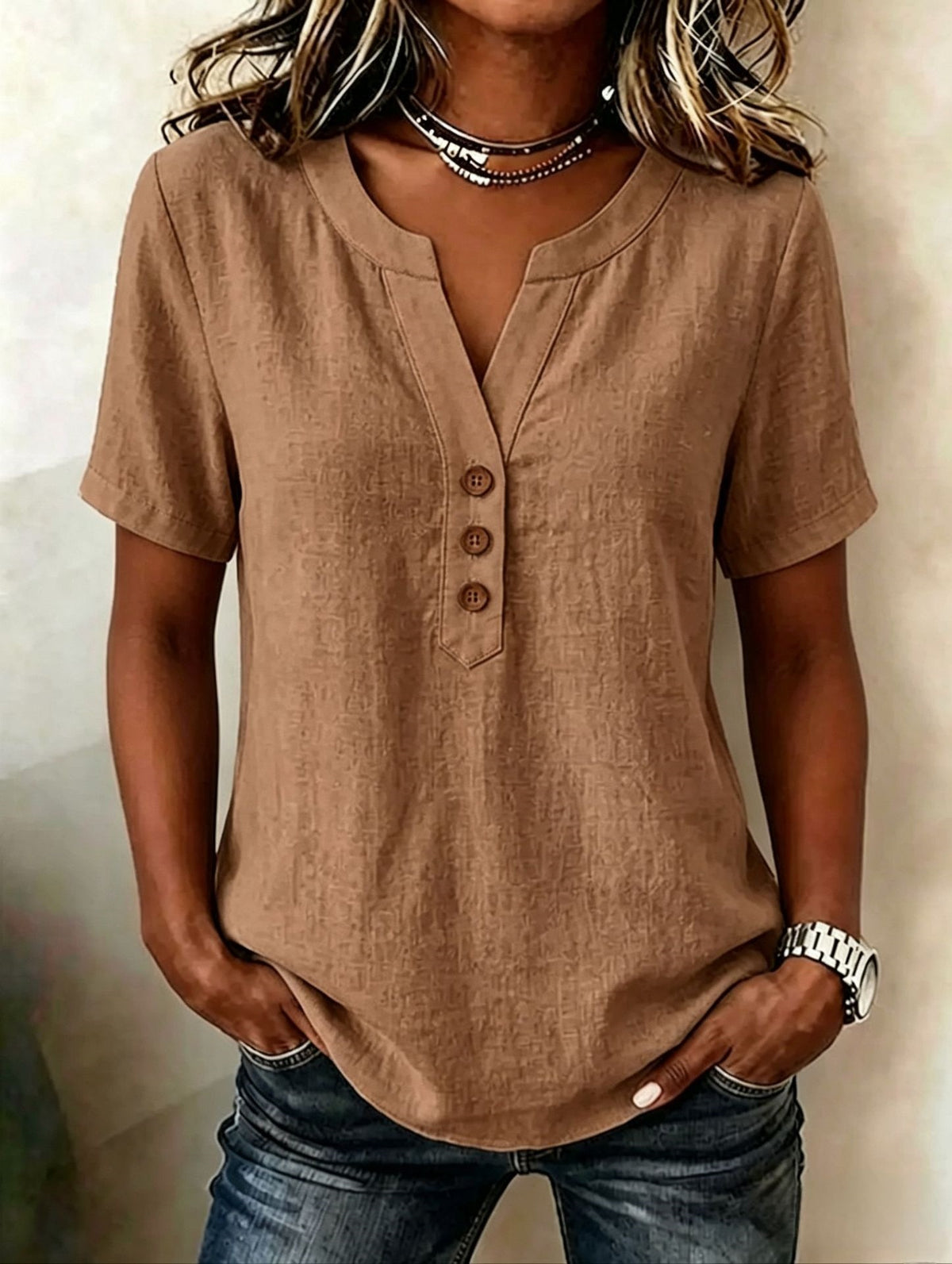 Casual Loose-fit Cotton-linen V-neck Button-up Top by Ricaloux