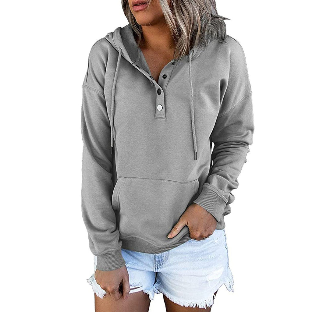 Long-sleeved Hooded Sweatshirt With Pockets Fashion Casual Button Drawstring Design Hoodie Top Spring And Autumn Sports Clothing For Women - RICALOUX