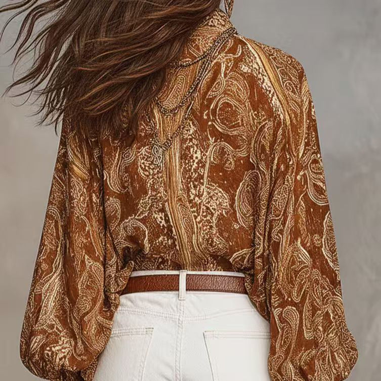 New Versatile Retro-print Long-sleeve Loose-fit Blouse, Womens Shirt by Ricaloux