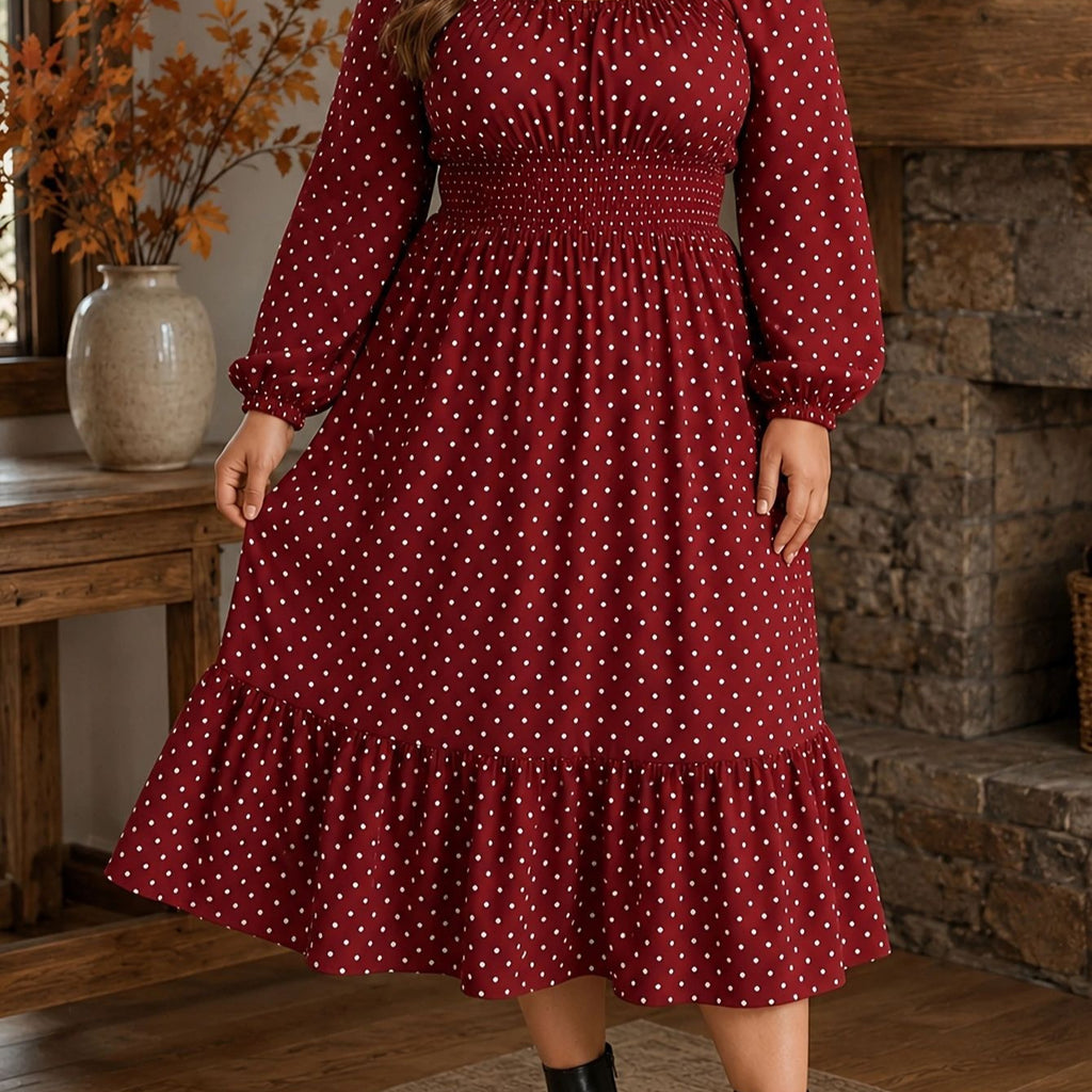 Polka-dot Plus-size Womens Dress Puff-sleeve Boat-neck Dress For Curvy Figures – Premium 0 | RICALOUX
