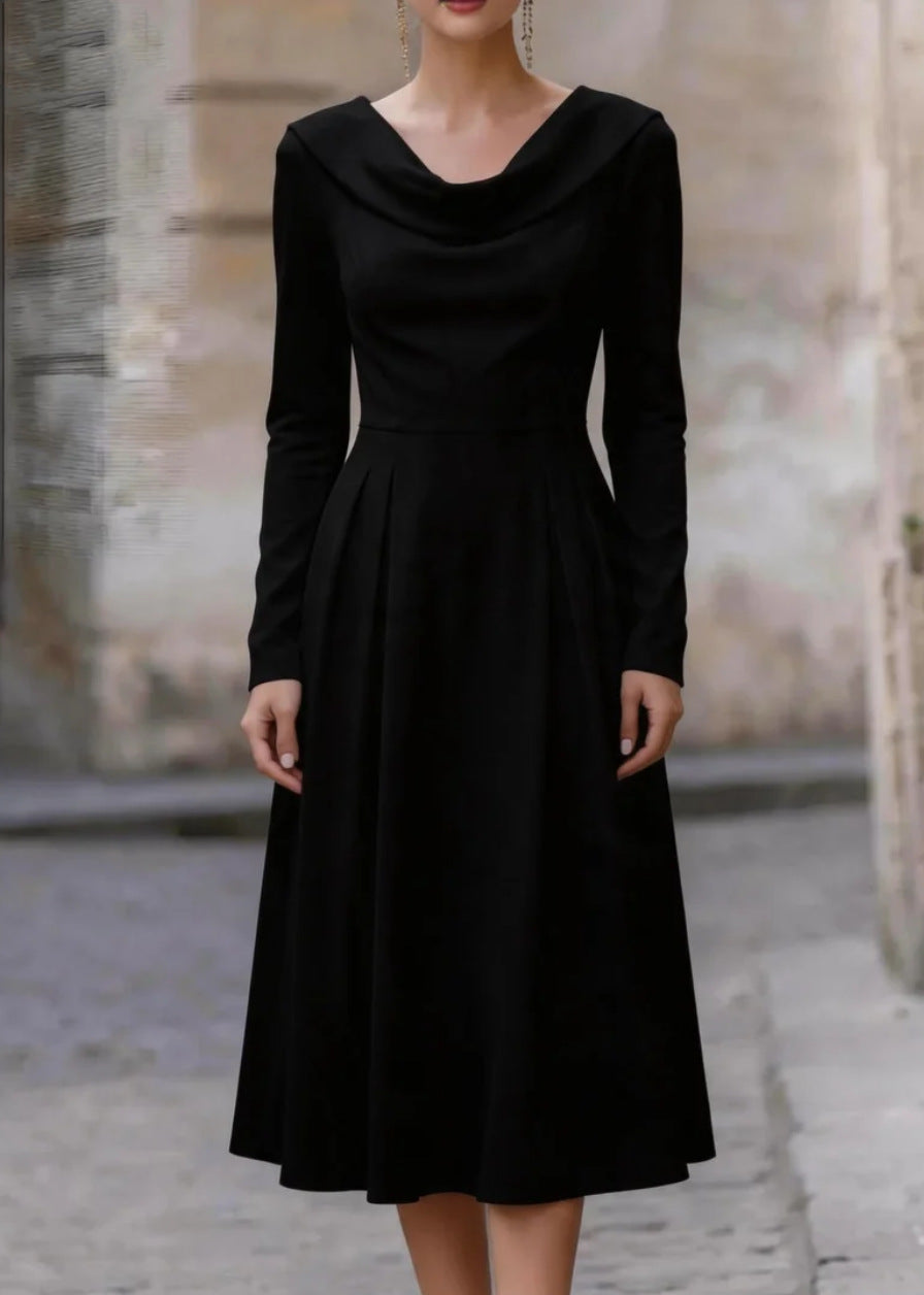 Elegant Boat-neck Satin Long-sleeve Waist-cinched Midi Evening Gown – Premium 0 | RICALOUX