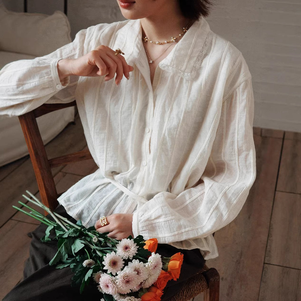 Womens Striped Jacquard Defined-Waist French-Style Shirt by Ricaloux