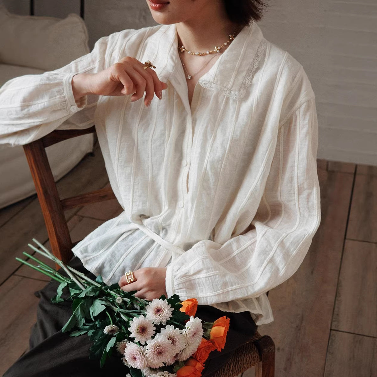 Womens Striped Jacquard Defined-Waist French-Style Shirt by Ricaloux