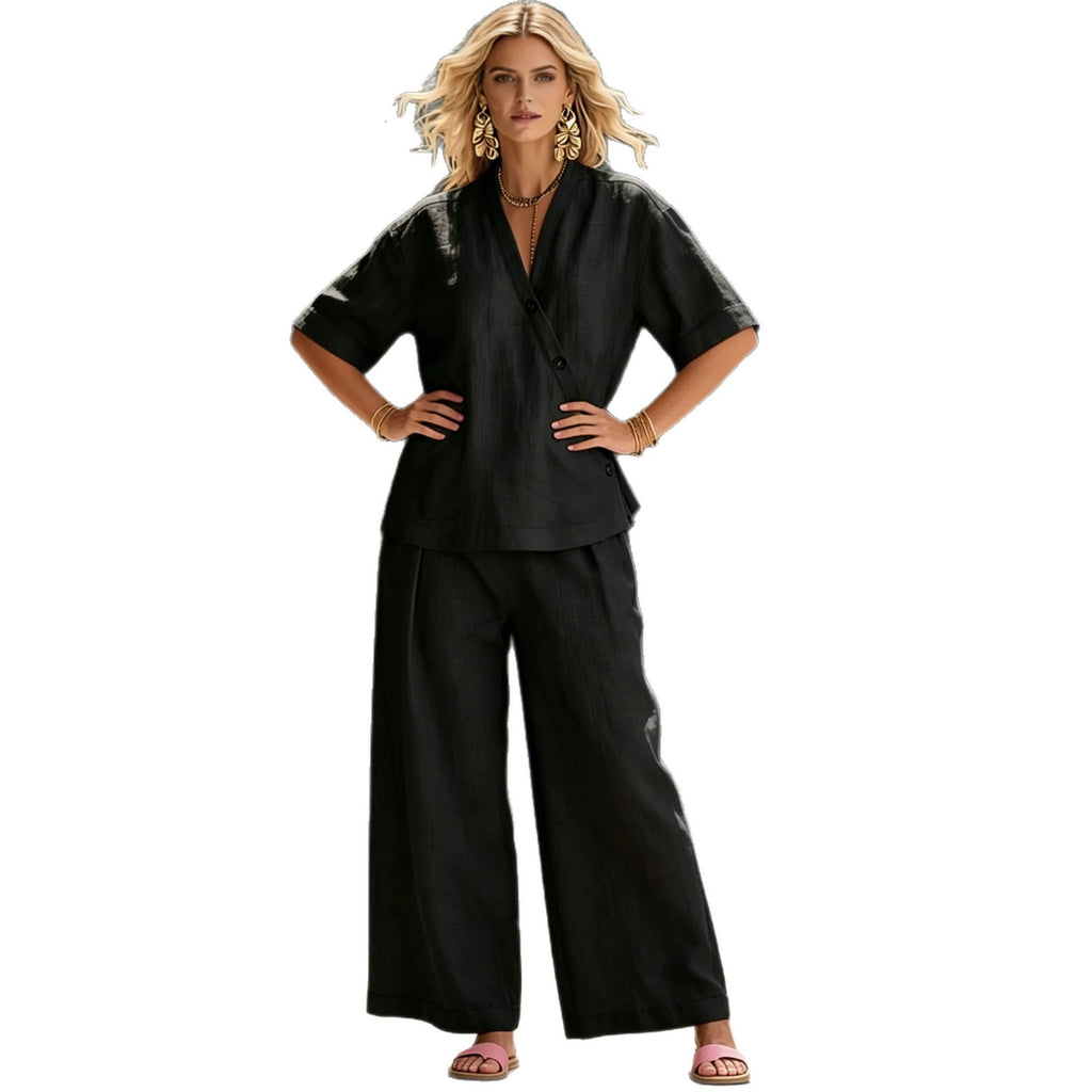 Womens V-neck Short-sleeve T-shirt And High-waisted Trousers Set by Ricaloux