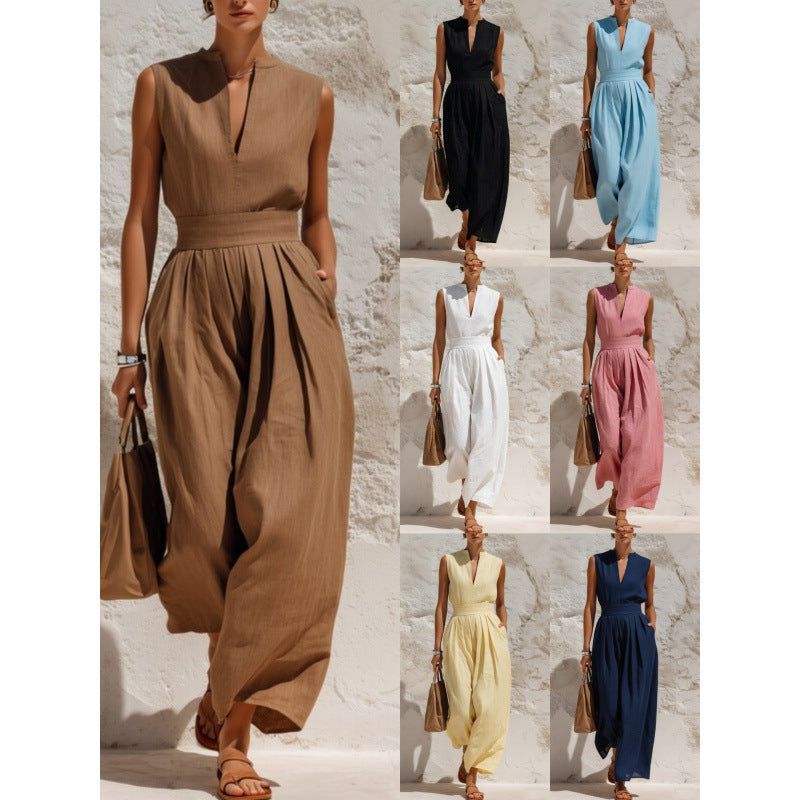 Sleeveless Pullover Solid-color High-waisted Loose-fitting Jumpsuit – Premium 0 | RICALOUX