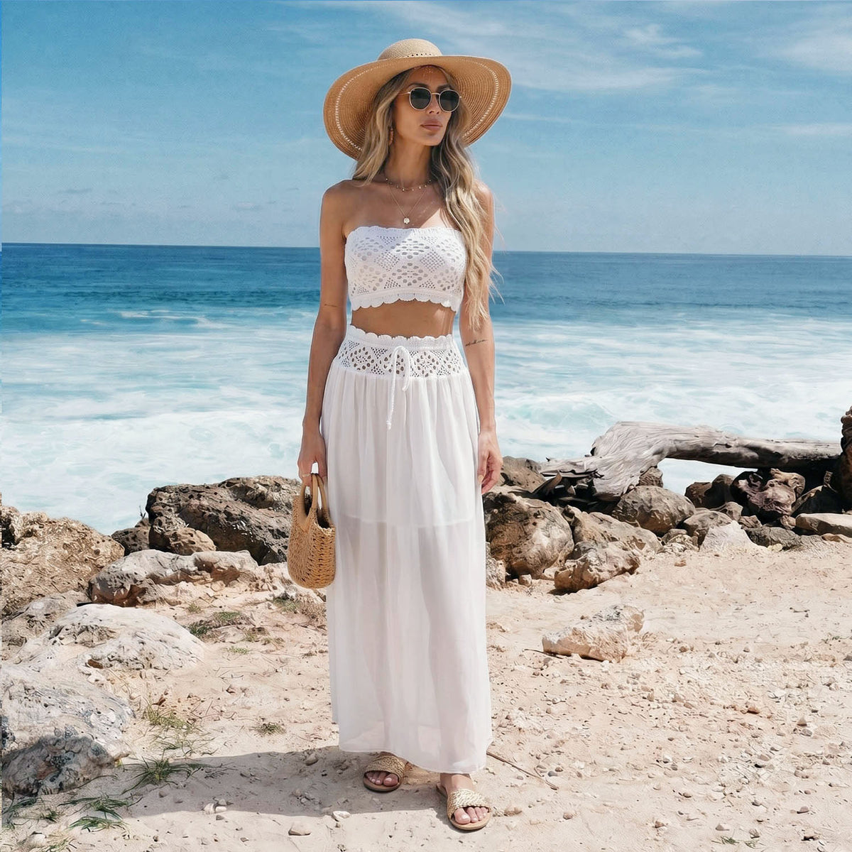 New 2-Piece Outfit, Reversible Long Chiffon Beach Dress With Liner, Tie Waist Crochet Hollow Out Cover Up Set by Ricaloux