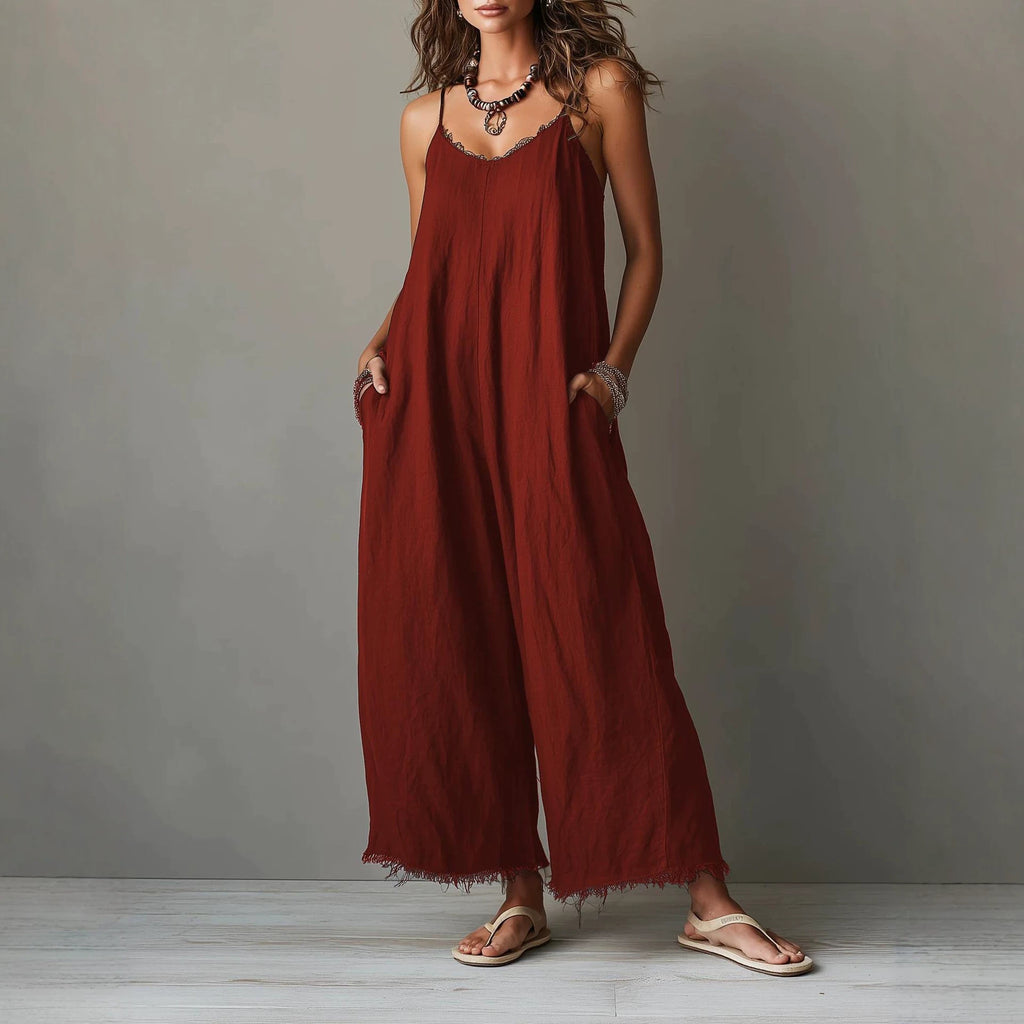 Womens Loose-fitting Solid-color Wide-leg Jumpsuit With Straps by Ricaloux