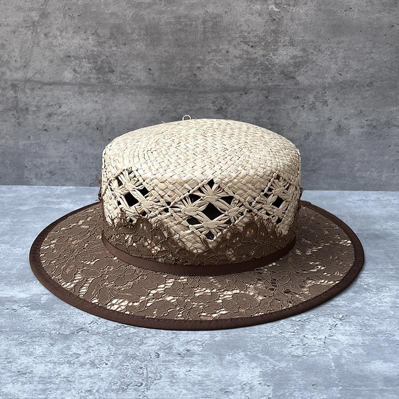 Hand-knitted Raffia Flat-Top Womens Vintage Lace Straw Sun Hat – Premium 0 | RICALOUX