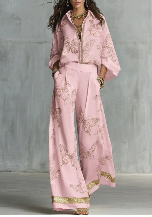 Zip-front Shirt And Wide-leg Pants Stylish Casual Two-piece Set – Premium 0 | RICALOUX