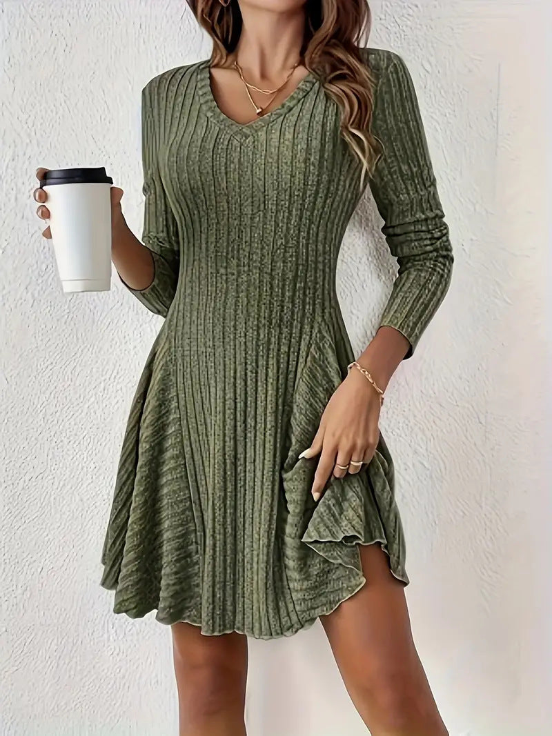 Women's V-Neck Long Sleeve Ribbed Knit Ruffle Hem Mini Dress - Casual Bodycon Flared Swing Dress, Multiple Colors Available by Ricaloux