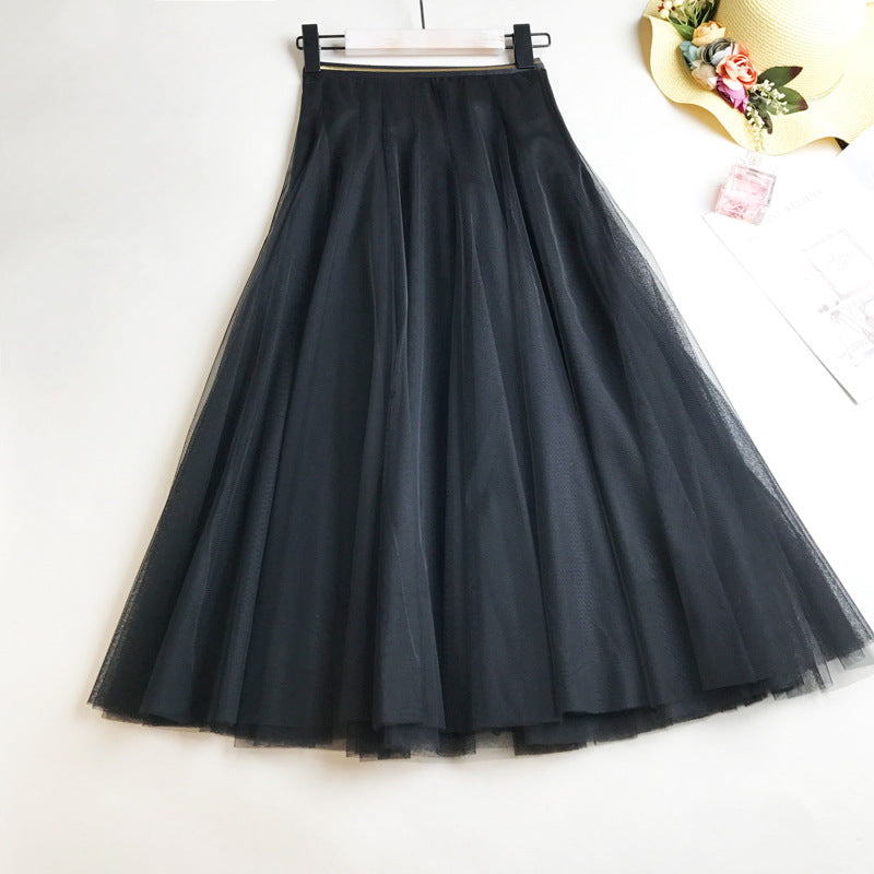 Elastic-waist Mid-length Slim-fit Mesh Skirt Fluffy Skirt Tulle Skirt by Ricaloux