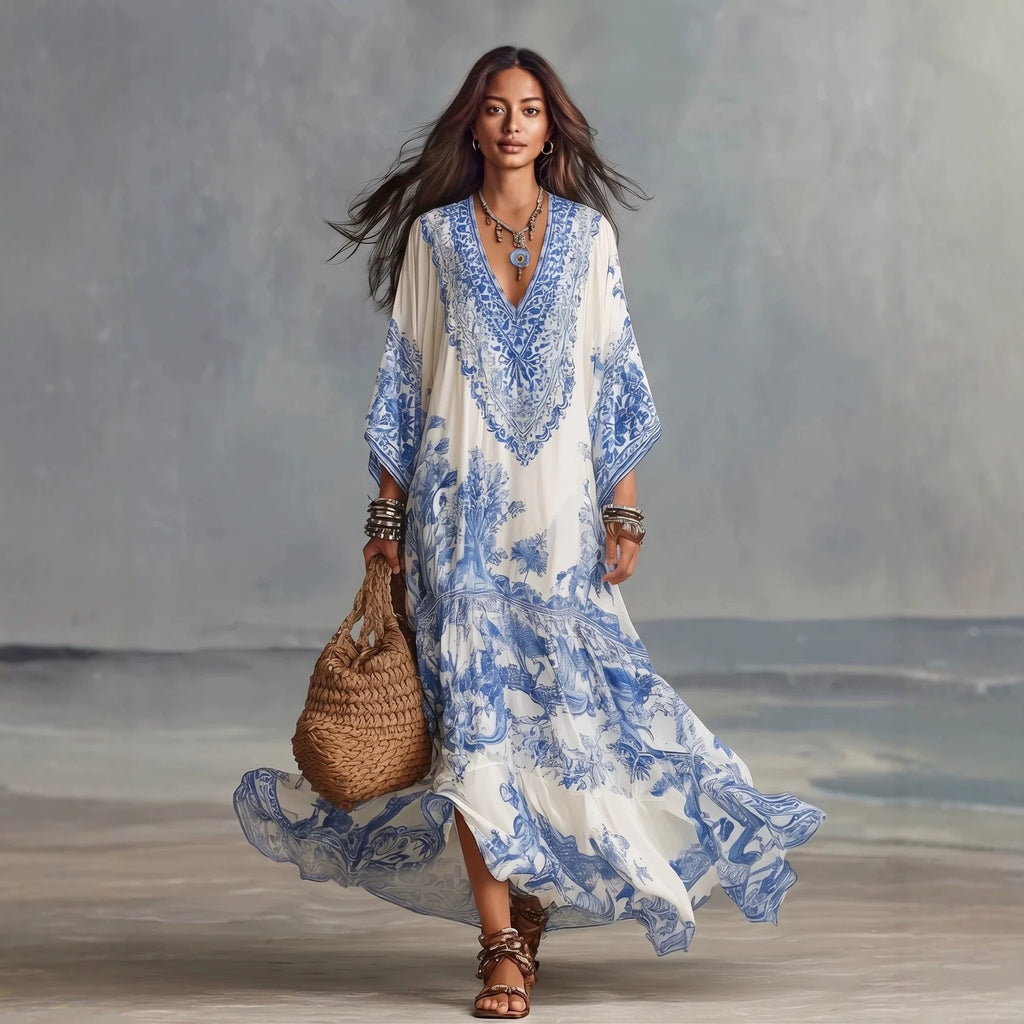 Printed V Neck Batwing Sleeve Bohemian Maxi Dress by Ricaloux