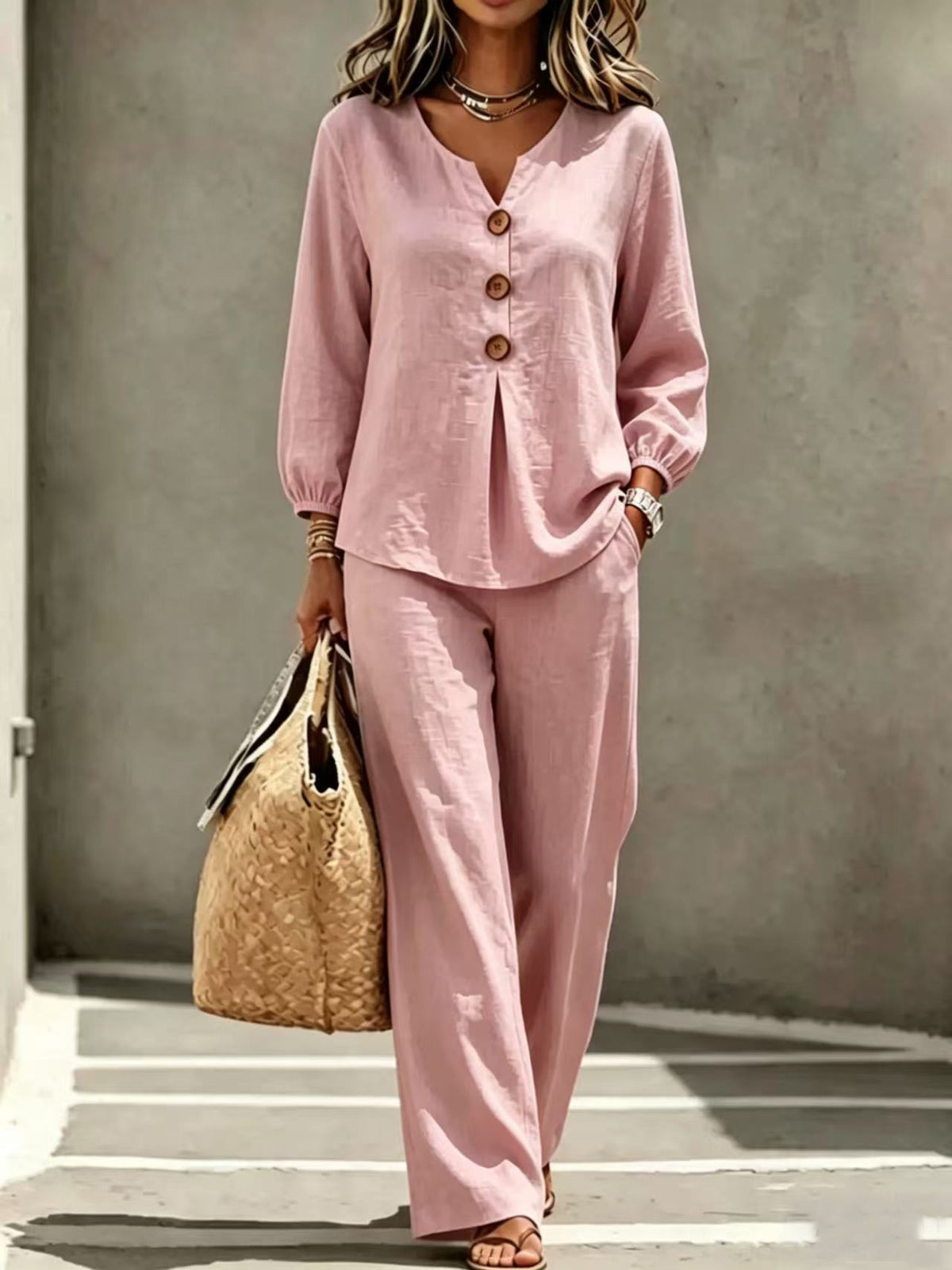 Women's New Casual Two-piece Top With V-neck Long Sleeved Pants by Ricaloux
