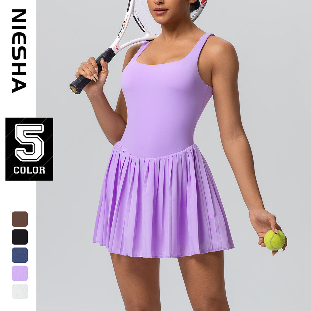 Fake Two-piece Tennis Skirt Base-layer Fitness Dress For Women by Ricaloux