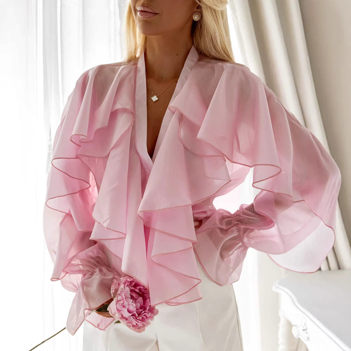 Ruffled Chiffon Blouse Womens Casual Top by Ricaloux