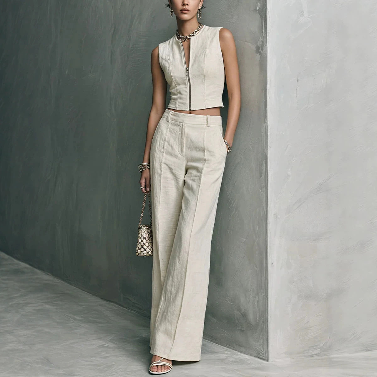 Sleeveless Top And Straight-leg Casual Pants Set by Ricaloux