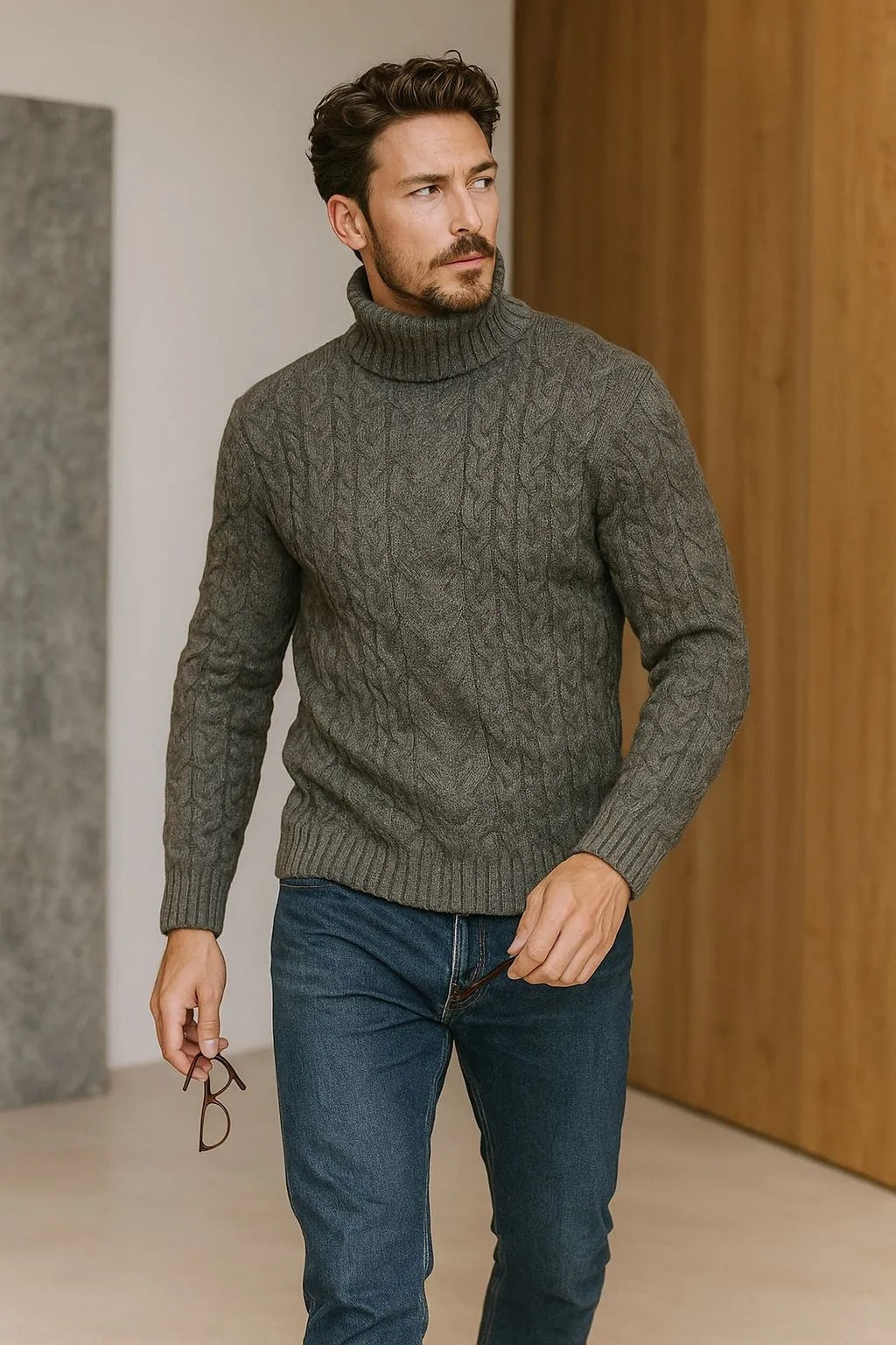 Mens Turtleneck Cable-Knit Sweater In Plus Sizes by Ricaloux