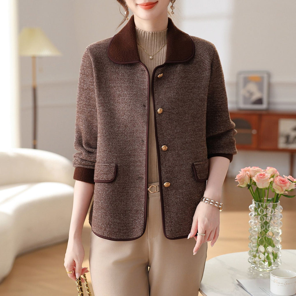 Polo-collar Denim-panel Knitted Mock Two-piece Sweater by Ricaloux