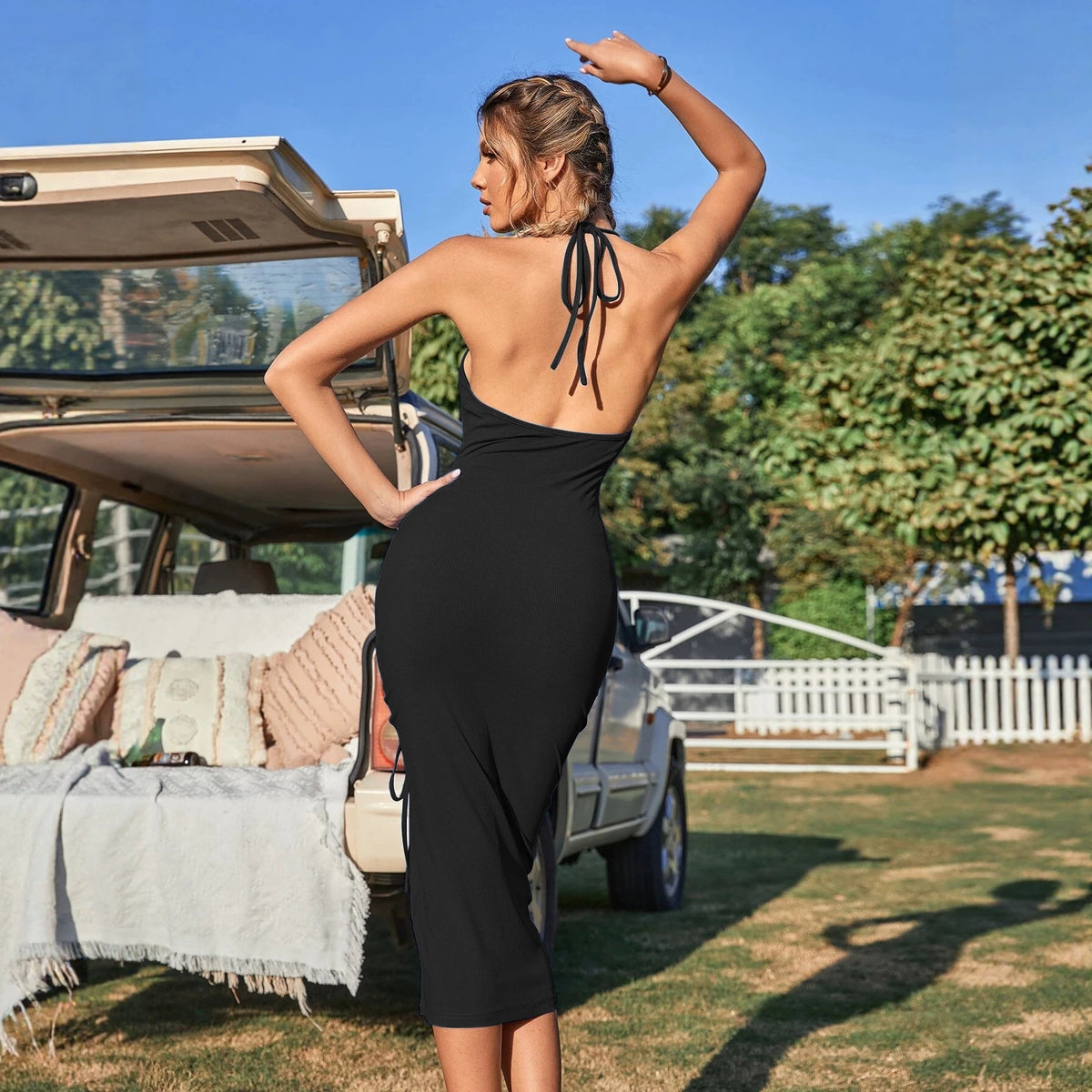 Halter-neck Drawstring Slit Backless Slimming Sheath Dress For Women by Ricaloux