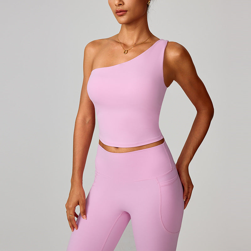 Womens Cloud-Feel Slanted One-Shoulder Cinched-Yoke Yoga Tank Top by Ricaloux