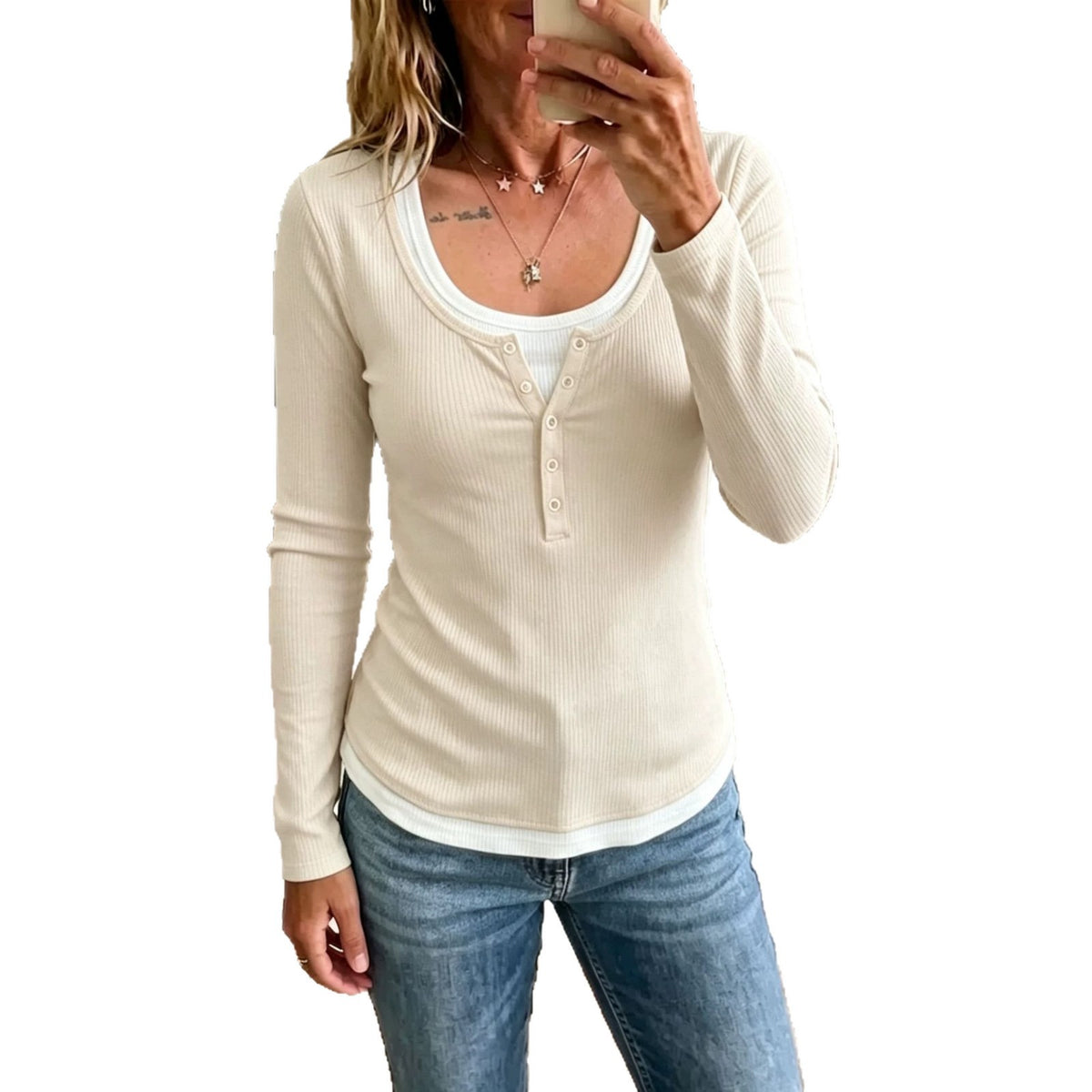 Womens Color-Block Fake Two-Piece Slim-Fit Casual Long-Sleeve T-Shirt – Premium 0 | RICALOUX