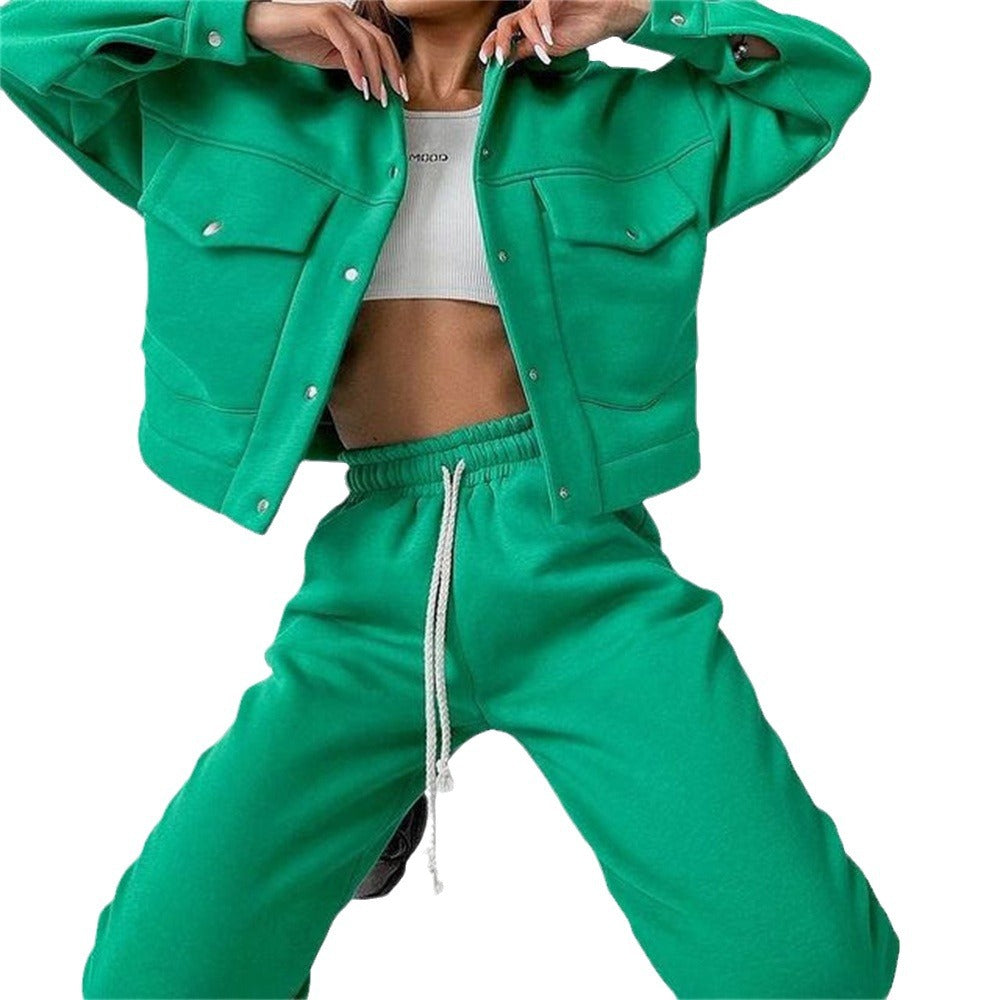 Casual Long-sleeve Two-piece Set Single-breasted Jacket And Sweatshirt by Ricaloux