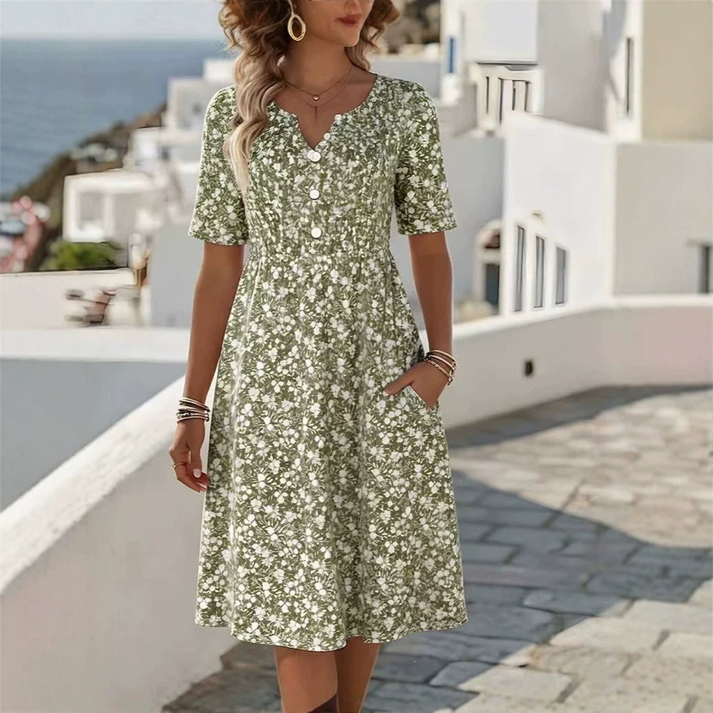 Womens Floral Print V-Neck Midi Dress With Short Sleeves by Ricaloux