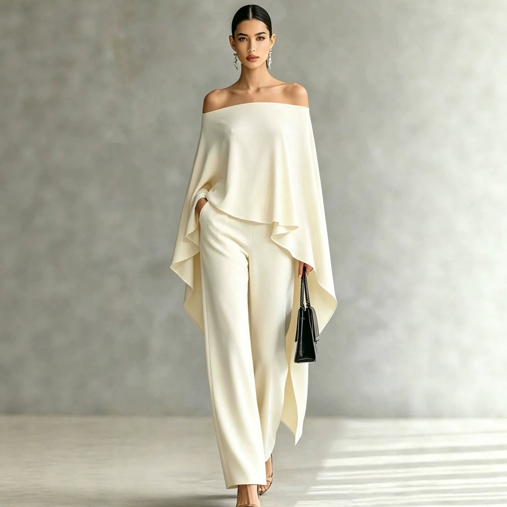 Autumn Fashion Off-Shoulder Wide-Leg Pants Set Womens Solid-Color Asymmetric Two-Piece Set – Premium 0 | RICALOUX